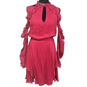 IRO Paris Red Cold Shoulder Ruffle Mini Dress Open Back Keyhole Size 34
